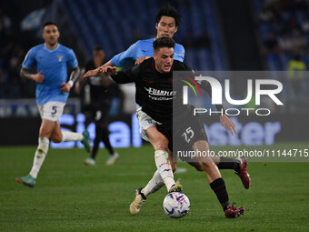 Daichi Kamada of S.S. Lazio and Giulio Maggiore of U.S. Salernitana 1919 are competing during the 32nd day of the Serie A Championship betwe...