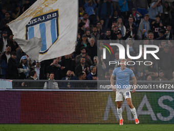 Gustav Isaksen of S.S. Lazio is celebrating after scoring the fourth goal in a 4-1 victory during the 32nd day of the Serie A Championship b...