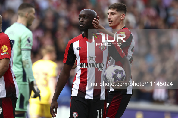 Yoane Wissa is playing for Brentford in the Premier League match against Sheffield United at the Gtech Community Stadium in Brentford, on Ap...
