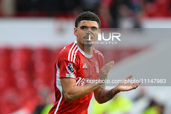 Morgan Gibbs-White of Nottingham Forest is applauding his team's supporters during the Premier League match between Nottingham Forest and Wo...