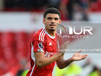 Morgan Gibbs-White of Nottingham Forest is applauding his team's supporters during the Premier League match between Nottingham Forest and Wo...