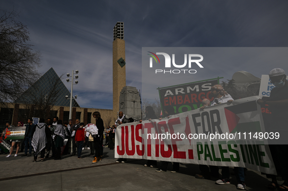 EDMONTON, CANADA - APRIL 14:
Members of the Palestinian diaspora supported by local activists, during the 'Stop Genocide Now' rally, marchin...