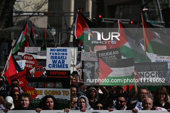 EDMONTON, CANADA - APRIL 14:
Members of the Palestinian diaspora supported by local activists, during the 'Stop Genocide Now' rally, marchin...