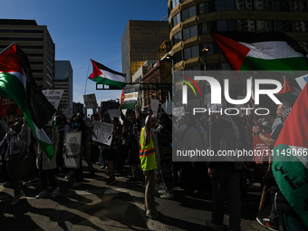 EDMONTON, CANADA - APRIL 14:
Members of the Palestinian diaspora supported by local activists, during the 'Stop Genocide Now' rally, marchin...