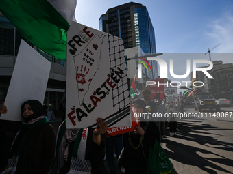 EDMONTON, CANADA - APRIL 14:
Members of the Palestinian diaspora supported by local activists, during the 'Stop Genocide Now' rally, marchin...