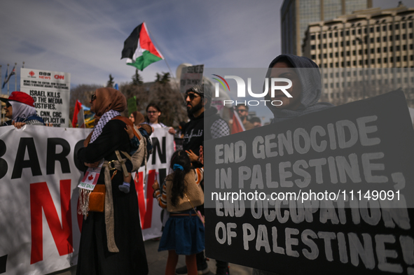 EDMONTON, CANADA - APRIL 14:
Members of the Palestinian diaspora supported by local activists, during the 'Stop Genocide Now' rally, marchin...