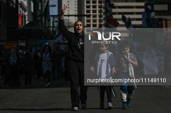 EDMONTON, CANADA - APRIL 14:
Members of the Palestinian diaspora supported by local activists, during the 'Stop Genocide Now' rally, marchin...