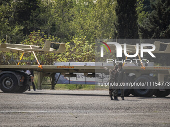 A truck is carrying Iranian-made Unmanned Aerial Vehicles (UAVs) during a military parade marking the anniversary of Iran's Army Day at an A...