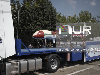 An Iranian-made Kaman-12 Unmanned Aerial Vehicle (UAV) is being carried by a truck during a military parade marking Iran's Army Day annivers...