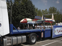 An Iranian-made Kaman-12 Unmanned Aerial Vehicle (UAV) is being carried by a truck during a military parade marking Iran's Army Day annivers...