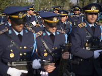 Members of the Iranian Army's air force are preparing to march in a military parade marking the anniversary of Iran's Army Day at an Army mi...