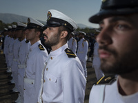 Members of the Iranian navy are standing at attention during a military parade marking the anniversary of Iran's Army Day at an Army militar...