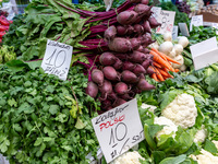 Early vegetables are seen on market stands on Old Kleparz Market in Old Town of Krakow as spring gardening season started in Poland on April...