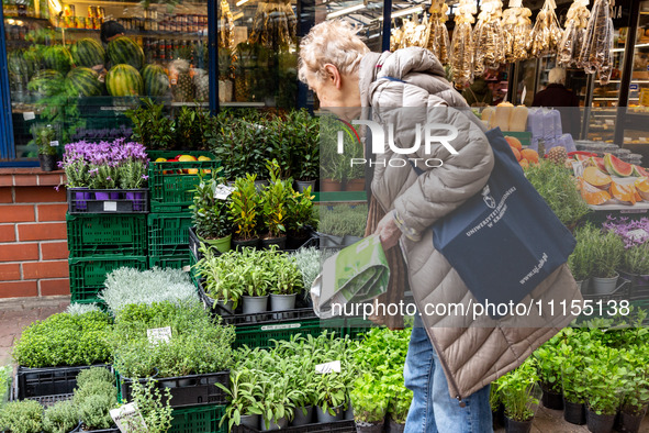 A woman shops for plantules of herbs on Old Kleparz Market in Old Town of Krakow as spring gardening season started in Poland on April 17, 2...