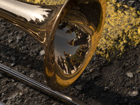 Members of an Iranian Army's music band are reflected on a musical instrument before a military parade marking Iran's Army Day anniversary a...