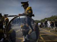 Members of an Iranian Army's music band are waiting to perform in a military parade marking Iran's Army Day anniversary at an Army military...