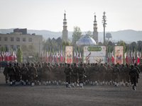 Members of the Iranian Army's land force are preparing to march in a military parade marking Iran's Army Day anniversary at an Army military...