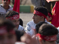 Members of the Basij paramilitary force are preparing to march in a military parade marking Iran's Army Day anniversary at an Army military...