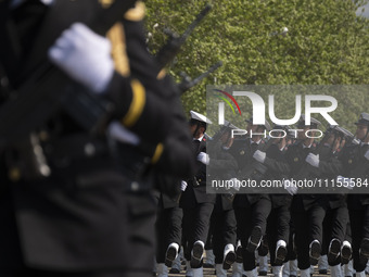 Members of the Iranian navy are marching in a military parade to mark the anniversary of Iran's Army Day at an Army military base in Tehran,...