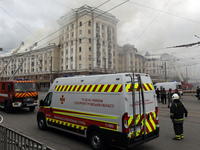 Rescue vehicles are outside the residential building damaged by the Russian missile attack in Dnipro, Ukraine, on April 19, 2024. (