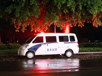 A police car is on 24-hour duty, strengthening night patrols in Chang'an town, Rong'an County, in Liuzhou, China, on April 19, 2024. (