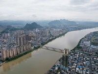 The water level of the Rongan county section of the Rongjiang River in the upper reaches of the Pearl River is rising in Liuzhou, China, on...