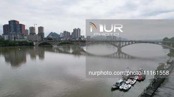 The water level of the Rongan county section of the Rongjiang River in the upper reaches of the Pearl River is rising in Liuzhou, China, on...