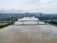 The water level of the Rongan county section of the Rongjiang River in the upper reaches of the Pearl River is rising in Liuzhou, China, on...