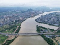 The water level of the Rongan county section of the Rongjiang River in the upper reaches of the Pearl River is rising in Liuzhou, China, on...