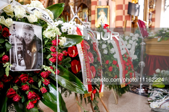 Flowers and coffin is seen during a funeral of Damian Sobol, a volunteer for World Central Kitchen, who was killed in an Israeli attack on G...