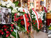 Flowers and coffin is seen during a funeral of Damian Sobol, a volunteer for World Central Kitchen, who was killed in an Israeli attack on G...