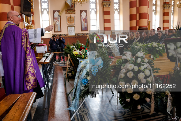 Family and friends attend a funeral of Damian Sobol, a volunteer for World Central Kitchen, who was killed in an Israeli attack on Gaza Stri...