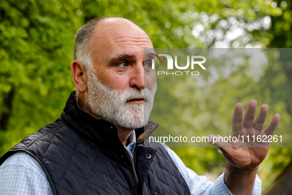 José Andrés, a funder of World Central Kitchen gives an interview after the funeral of Damian Sobol, a volunteer for World Central Kitchen,...