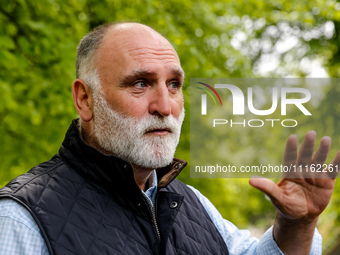 José Andrés, a funder of World Central Kitchen gives an interview after the funeral of Damian Sobol, a volunteer for World Central Kitchen,...