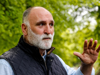 José Andrés, a funder of World Central Kitchen gives an interview after the funeral of Damian Sobol, a volunteer for World Central Kitchen,...