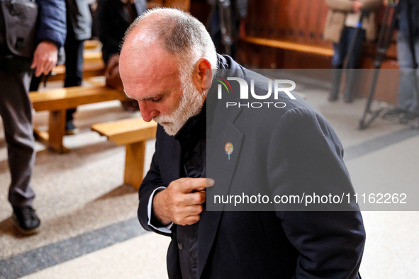 José Andrés, a funder of World Central Kitchen prays during a funeral of Damian Sobol, a volunteer for World Central Kitchen, who was killed...