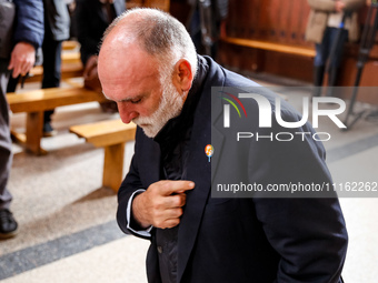 José Andrés, a funder of World Central Kitchen prays during a funeral of Damian Sobol, a volunteer for World Central Kitchen, who was killed...