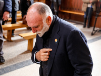 José Andrés, a funder of World Central Kitchen prays during a funeral of Damian Sobol, a volunteer for World Central Kitchen, who was killed...