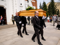 A coffin is carried during a funeral of Damian Sobol, a volunteer for World Central Kitchen, who was killed in an Israeli attack on Gaza Str...