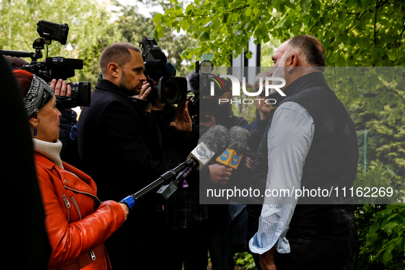 José Andrés, a funder of World Central Kitchen gives an interview after the funeral of Damian Sobol, a volunteer for World Central Kitchen,...