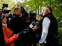 José Andrés, a funder of World Central Kitchen gives an interview after the funeral of Damian Sobol, a volunteer for World Central Kitchen,...