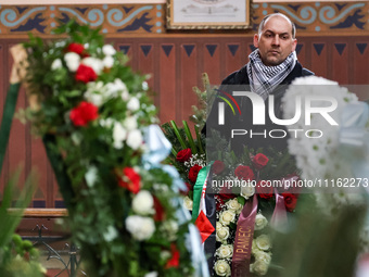 A Plestinian activist attends a funeral of Damian Sobol, a volunteer for World Central Kitchen, who was killed in an Israeli attack on Gaza...