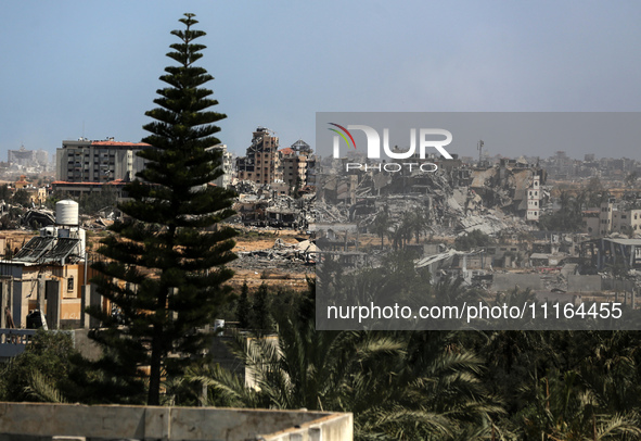 A general view is showing the rubble of destroyed buildings in Al-Zahra on the southern outskirts of Gaza City, on April 21, 2024, amid ongo...