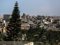 A general view is showing the rubble of destroyed buildings in Al-Zahra on the southern outskirts of Gaza City, on April 21, 2024, amid ongo...