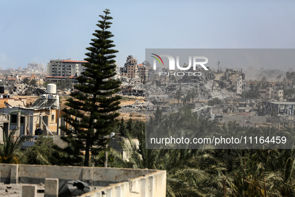 A general view is showing the rubble of destroyed buildings in Al-Zahra on the southern outskirts of Gaza City, on April 21, 2024, amid ongo...