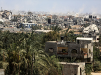 A general view is showing the rubble of destroyed buildings in Al-Zahra on the southern outskirts of Gaza City, on April 21, 2024, amid ongo...