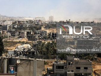 A general view is showing the rubble of destroyed buildings in Al-Zahra on the southern outskirts of Gaza City, on April 21, 2024, amid ongo...