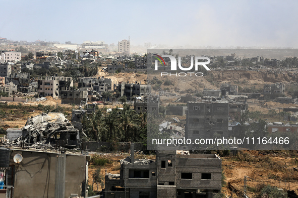 A general view is showing the rubble of destroyed buildings in Al-Zahra on the southern outskirts of Gaza City, on April 21, 2024, amid ongo...