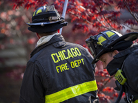 The Chicago Fire Department and Chicago Police Department respond to a structure fire at 1921 West Newport Avenue, in Chicago, IL, in the Ro...