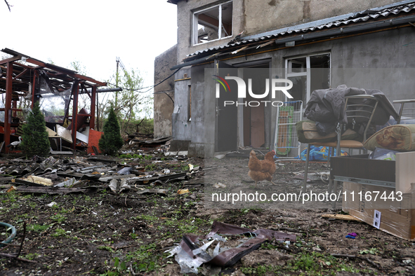 A hen is seen among the debris outside a building that has been damaged by a Russian missile attack in the Odesa region, southern Ukraine, o...